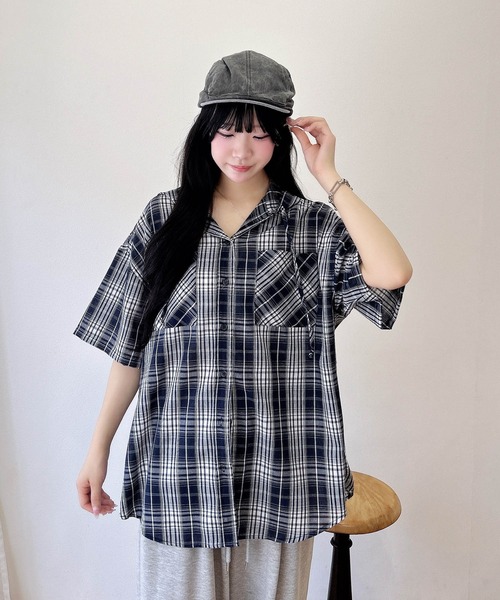 INGNI（イング） ブラウス シャツ 半袖 フードチェックBIG半袖シャツ