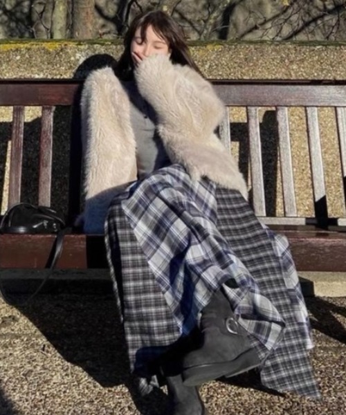 LADY LIKE スカート 「秋冬新作」2柄切替えチェック柄ロングスカート