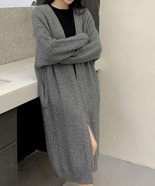 LOWO カーディガン ロング ケーブルニット カーディガン レディース