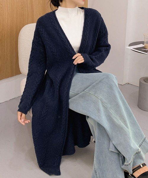 LOWO カーディガン ロング ケーブルニット カーディガン レディース