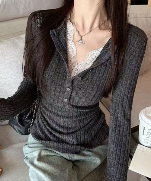 AsRiRe ニット セーター レース付きタイトニットトップス レディース