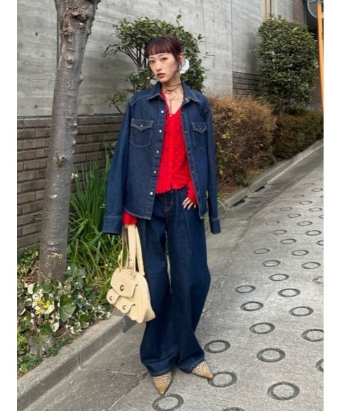 デニムブルー　赤ブラウス　セット THROW by SLY ブラウス シャツ PK LONG SLEEVE DENIM SH ポケット