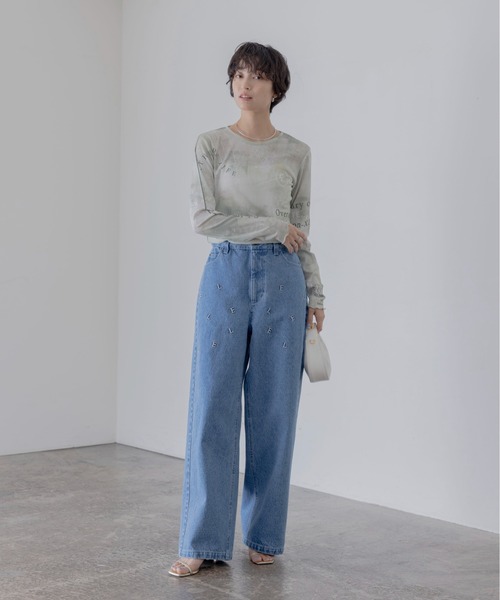 エイミーロウウェーブレースデザインデニムパンツ Eimee Law（エイミーロウ） デニムレースプリントシアートップス