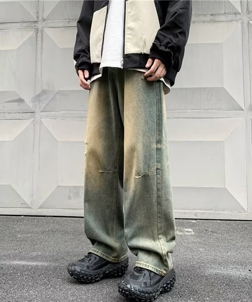 ジーンズ ブラスト加工 ダメージワイドデニムパンツ メンズ