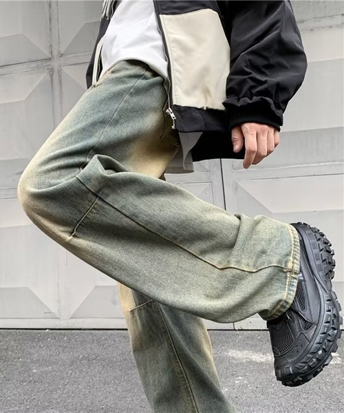 PRIDE ブラスト加工デニム ワイドパンツ ダメージ レディース ロック 36 PRIDE ブラスト加工デニム ワイドパンツ ダメージ レディース