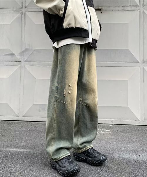 PRIDE ブラスト加工デニム ワイドパンツ ダメージ レディース ロック 36 ジーンズ ブラスト加工 ダメージワイドデニムパンツ メンズ