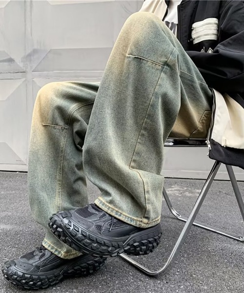 ジーンズ ブラスト加工 ダメージワイドデニムパンツ メンズ
