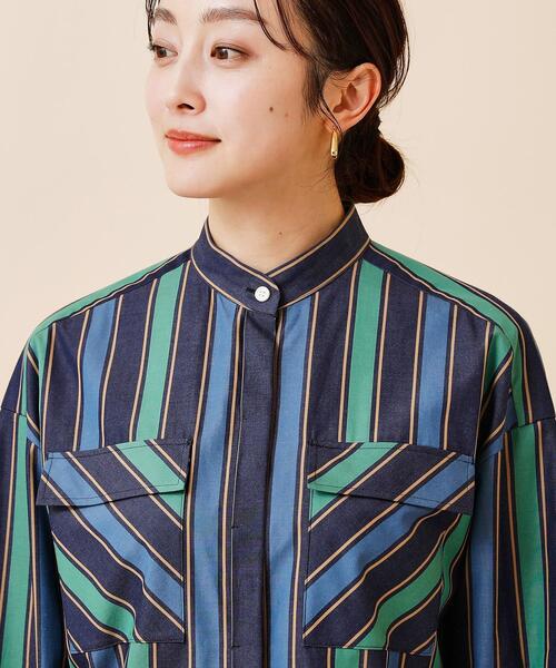 美品 アンタイトル ストライプバンドカラーシャツ24SS 定価2.6万 洗える UNTITLED ブラウス シャツ 「セットアップ可能／洗える