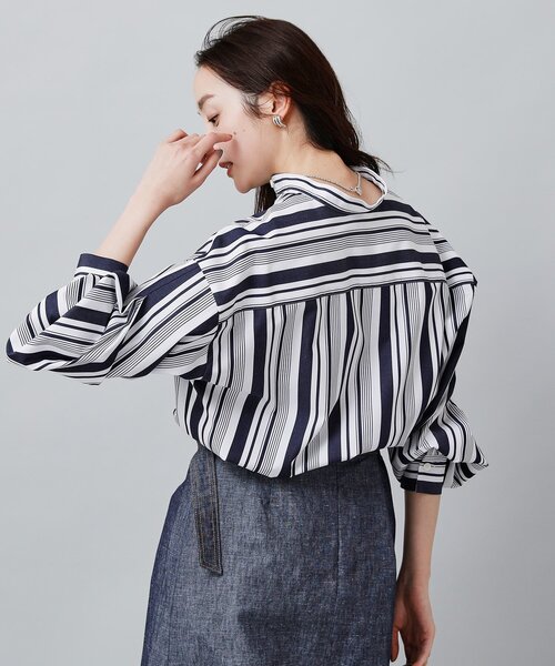 美品 アンタイトル ストライプバンドカラーシャツ24SS 定価2.6万 洗える UNTITLED ブラウス シャツ 「セットアップ可能／洗える