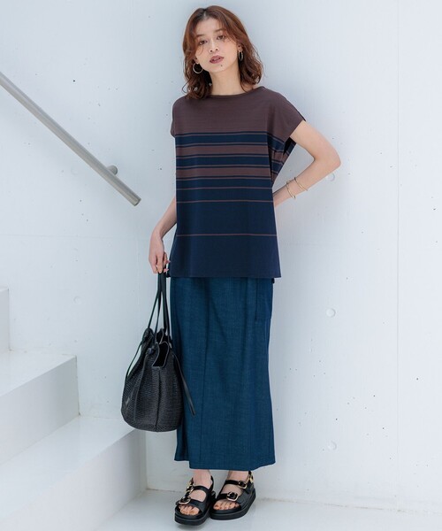 23区 tシャツ 「洗える」ランダムボーダー フレンチスリーブ