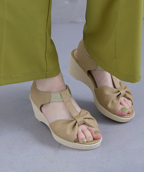 Fashion Letter サンダル 日本製リボンデザインウェッジサンダル