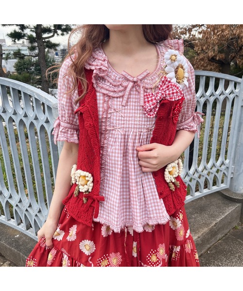 『4年保証』 PINK ひな菊モチーフ使いニットベスト ジレ ベスト HOUSE トップス