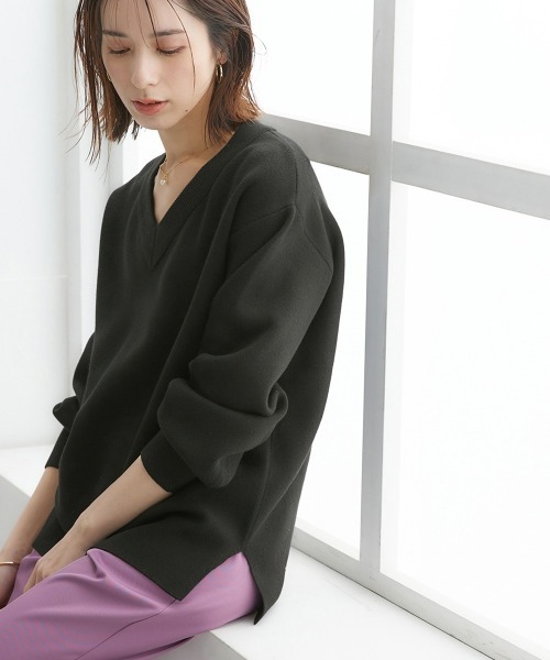 YENN スエットライクトップス ニッセン ニット セーター スウェットライクVネックニット レディース