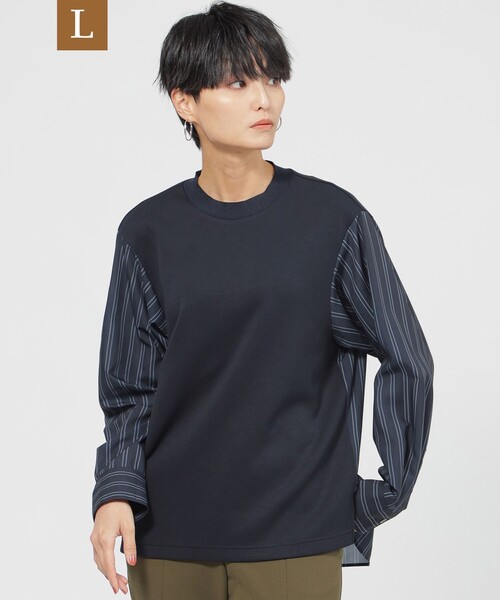 tシャツ 「L」「カタログ掲載品」「ウォッシャブル」ダブルストライプコンビカットソー レディース