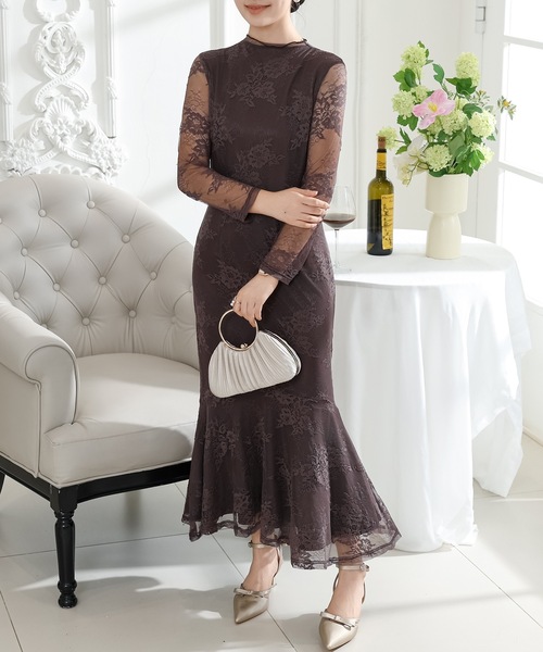 期間限定価格商品 Lace Ladies ドレス フラワー 総レース マーメイド ワンピース ワンピース