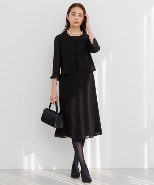 ダブル ジャケット セレモニー セットアップ シフォンスカート PourVous セットアップ スリットノーカラージャケットセレモニー