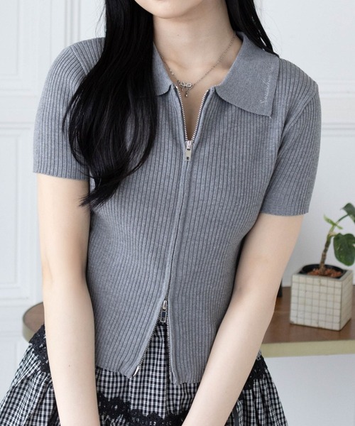 clear サマーニット ニット セーター 刺繍入りダブルジップニット