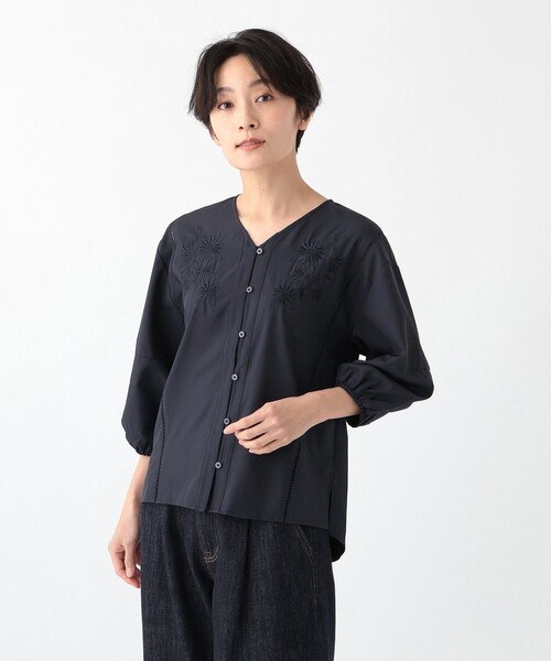 ✨高級✨ ユイティーム S ブラウス Vネック 刺繍 上品 綿100％ 黒 t60979-m09.jpg
