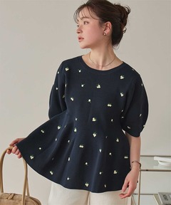 ニット セーター フラワー刺繍ペプラムニットトップス レディース
