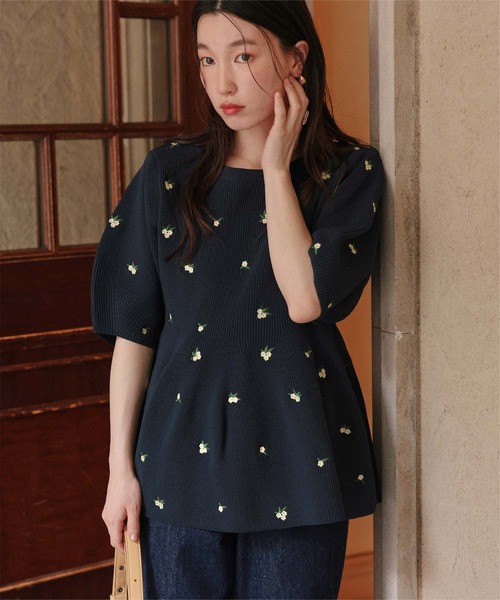 ニット セーター フラワー刺繍ペプラムニットトップス レディース