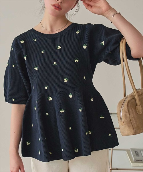 ニット セーター フラワー刺繍ペプラムニットトップス レディース | titivate | 17