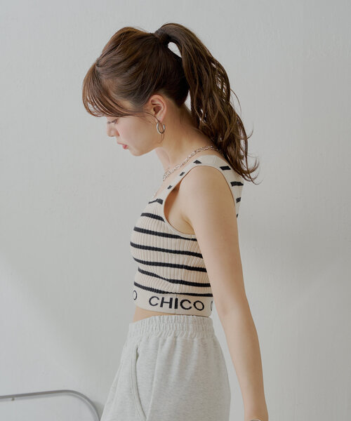 裾ロゴニットリブクロップドタンクトップ chico 裾ロゴクロップドタンクトップ ブラック ボーダー リブニット