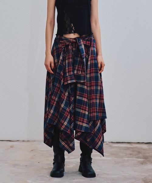 ACLENT スカート アシンメトリーチェックロングスカート