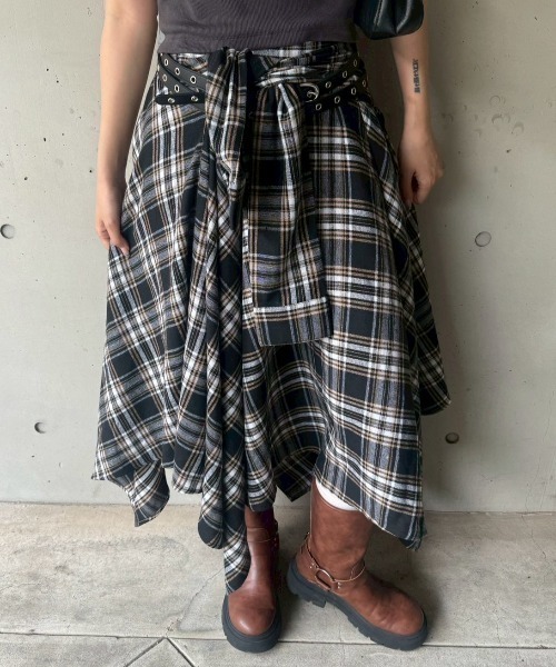 ACLENT スカート アシンメトリーチェックロングスカート