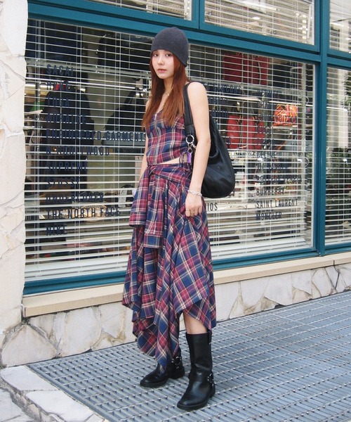 値下げ中 aclent チェックロングスカート ACLENT スカート アシンメトリーチェックロングスカート