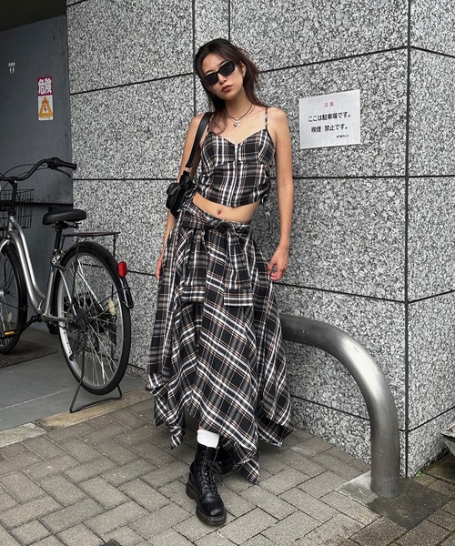 値下げ中 aclent チェックロングスカート ACLENT スカート アシンメトリーチェックロングスカート