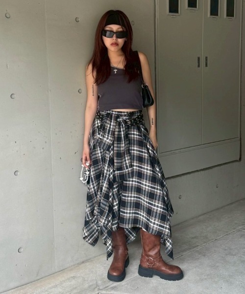 ACLENT スカート アシンメトリーチェックロングスカート