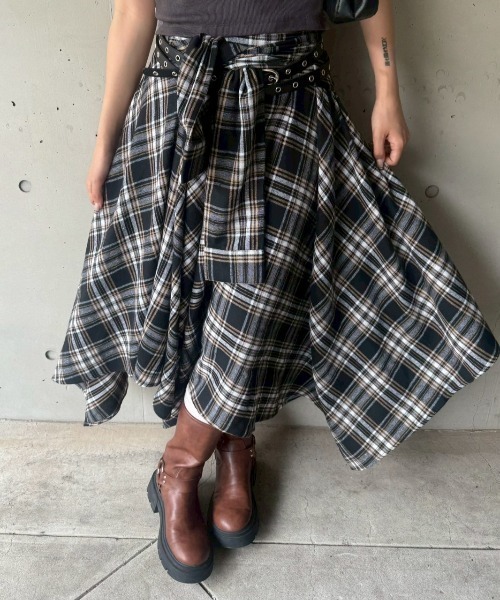 ACLENT スカート アシンメトリーチェックロングスカート