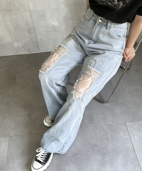 ジーンズ デニム デニムパンツ ダメージレースデニムパンツ レディース | LACーVERT