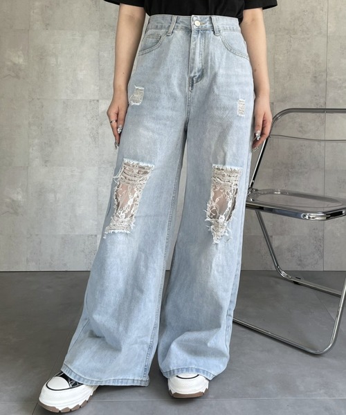 ジーンズ デニム デニムパンツ ダメージレースデニムパンツ レディース | LACーVERT | 03