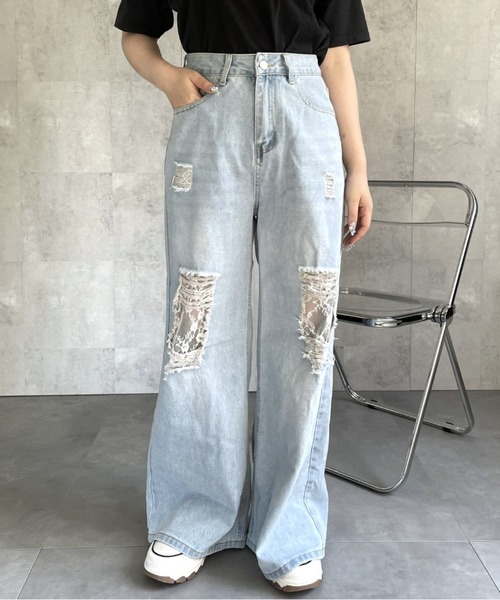 ジーンズ デニム デニムパンツ ダメージレースデニムパンツ レディース | LACーVERT | 04