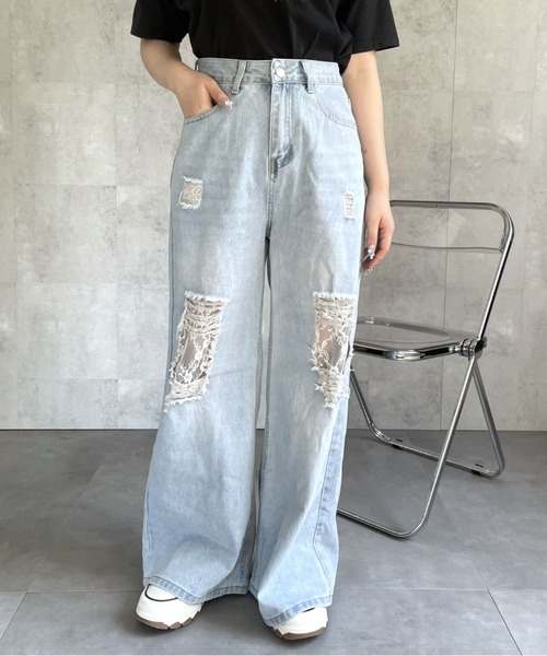 ジーンズ デニム デニムパンツ ダメージレースデニムパンツ レディース | LACーVERT | 05