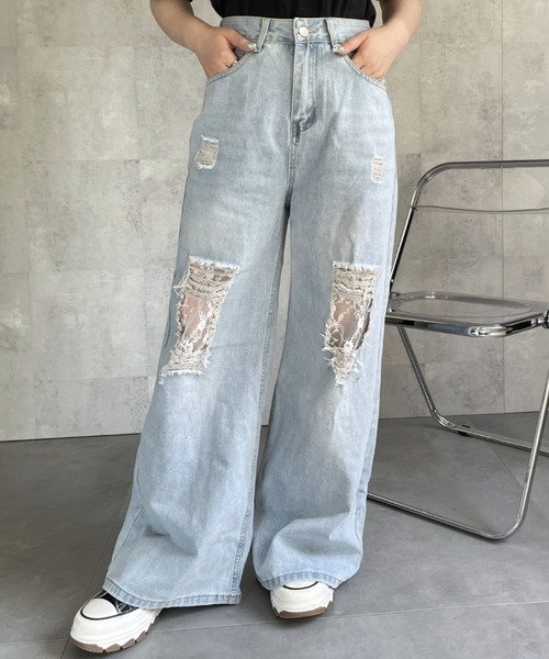 ジーンズ デニム デニムパンツ ダメージレースデニムパンツ レディース | LACーVERT | 07