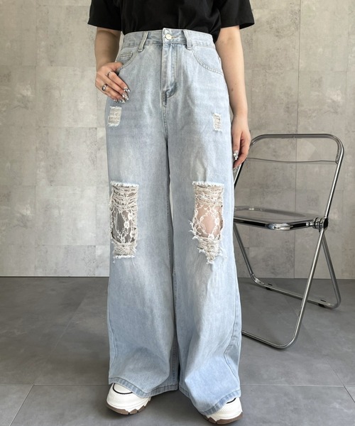 ジーンズ デニム デニムパンツ ダメージレースデニムパンツ レディース | LACーVERT | 02