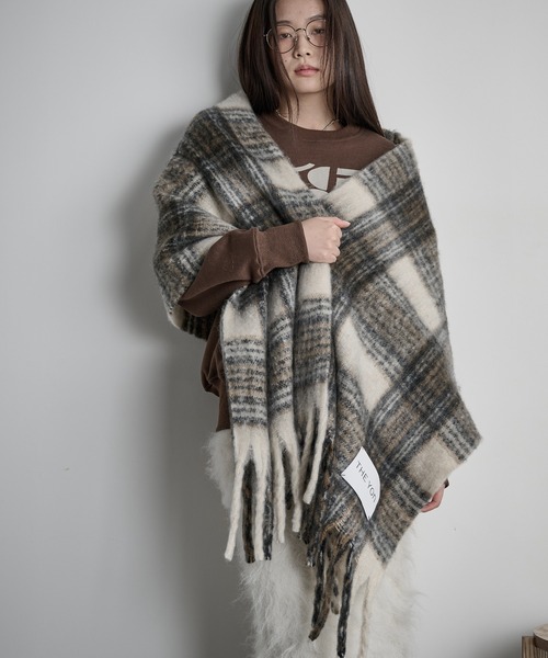 THE Yon マフラー ストール タータンチェック大判フリンジマフラー