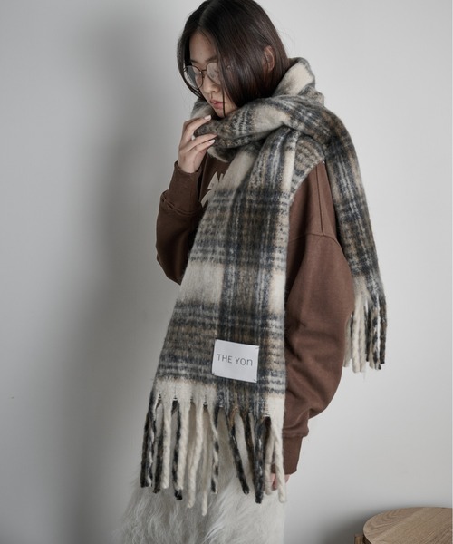 THE Yon マフラー ストール タータンチェック大判フリンジマフラー