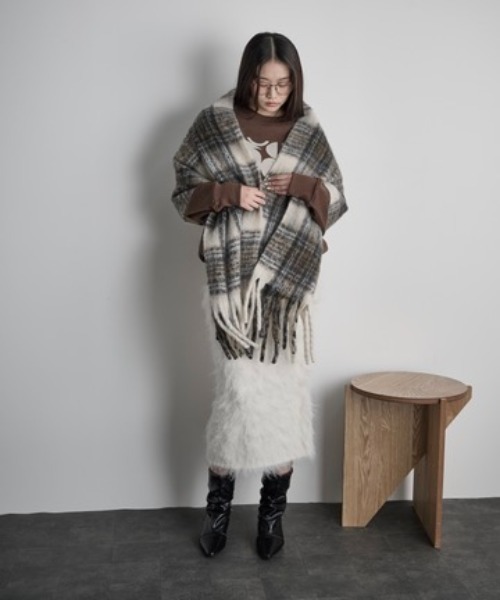 THE Yon マフラー ストール タータンチェック大判フリンジマフラー