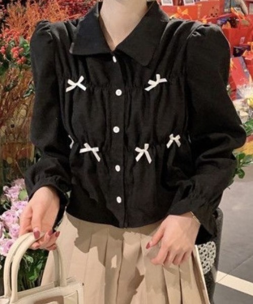 Mejoul ブラウス シャツ 「2026春夏新作」ポイントリボンパフスリーブ