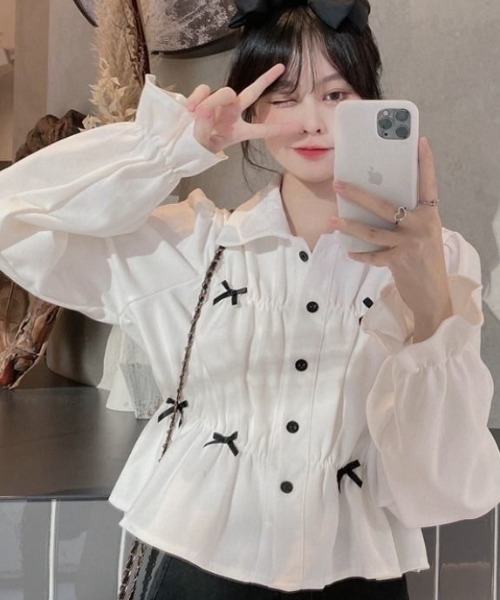 【ルネ】お袖おリボン♡パフスリーブ♡ブラウス セール】【2026春夏新作】ポイントリボンパフスリーブブラウス（シャツ