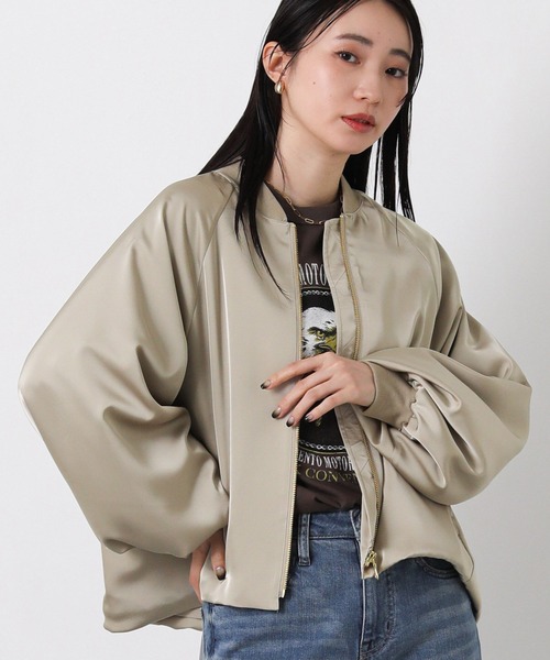Heve アイボリー サテン バルーンスリーブ ジャケット NEOS（KOKUYO） ブルゾン アウター 「neos」ビッグシルエット 裏ボア