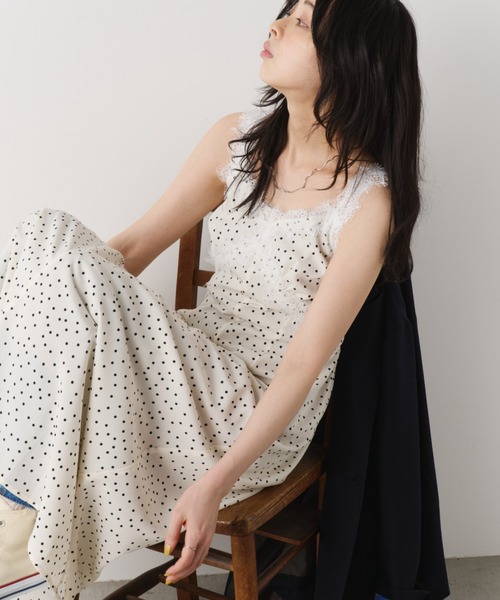 ワンピース レースデザイン総柄キャミワンピース　ドット/花柄の画像