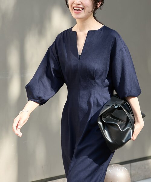 レディース 美品VERMEIL par ienaウエストシェイプワンピース ネイビー 40