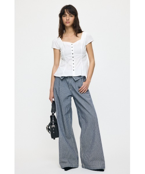 MOUSSY ホワイト 半袖ブラウス シャーリング MOUSSY マウジー コットン 