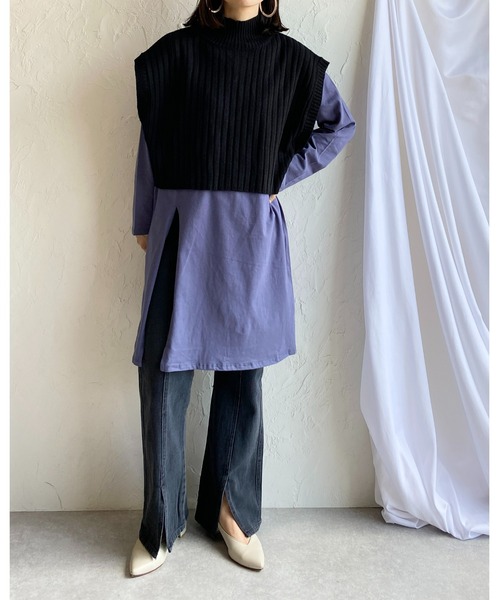 新品31,900円　プライド　バックリボンロング丈ハイネックリブニットベスト She's Closet ベスト ジレ 前後2wayバッククロスショート丈