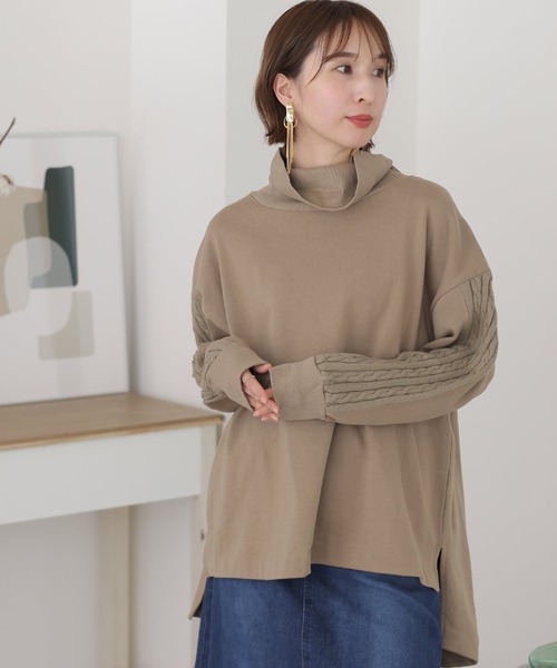 tシャツ ニットドッキングハイネック裏起毛プルオーバー レディース