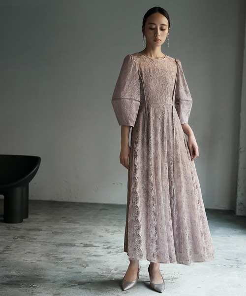 GIRL パフスリーブ総レース フレア オケージョンドレス GIRL DRESS FOR NOW ドレス パフスリーブ総レース フレア ロング